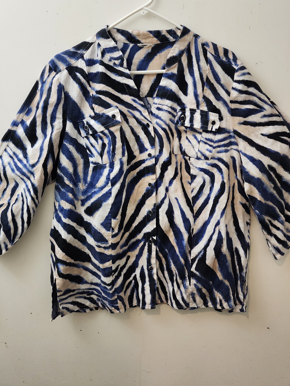 JM Collection Linen Navy/Beige Zebra Print Top XL Adjustable Sleeves Lagenlook